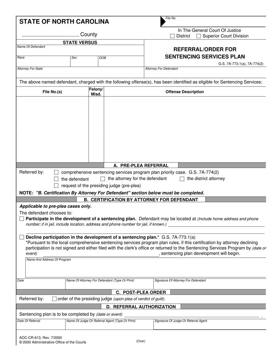 Form AOC-CR-613 Referral / Order for Sentencing Services Plan - North Carolina, Page 1