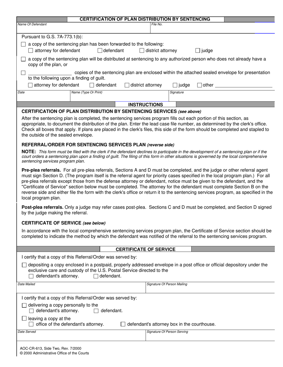 Form AOC-CR-613 Referral / Order for Sentencing Services Plan - North Carolina, Page 2