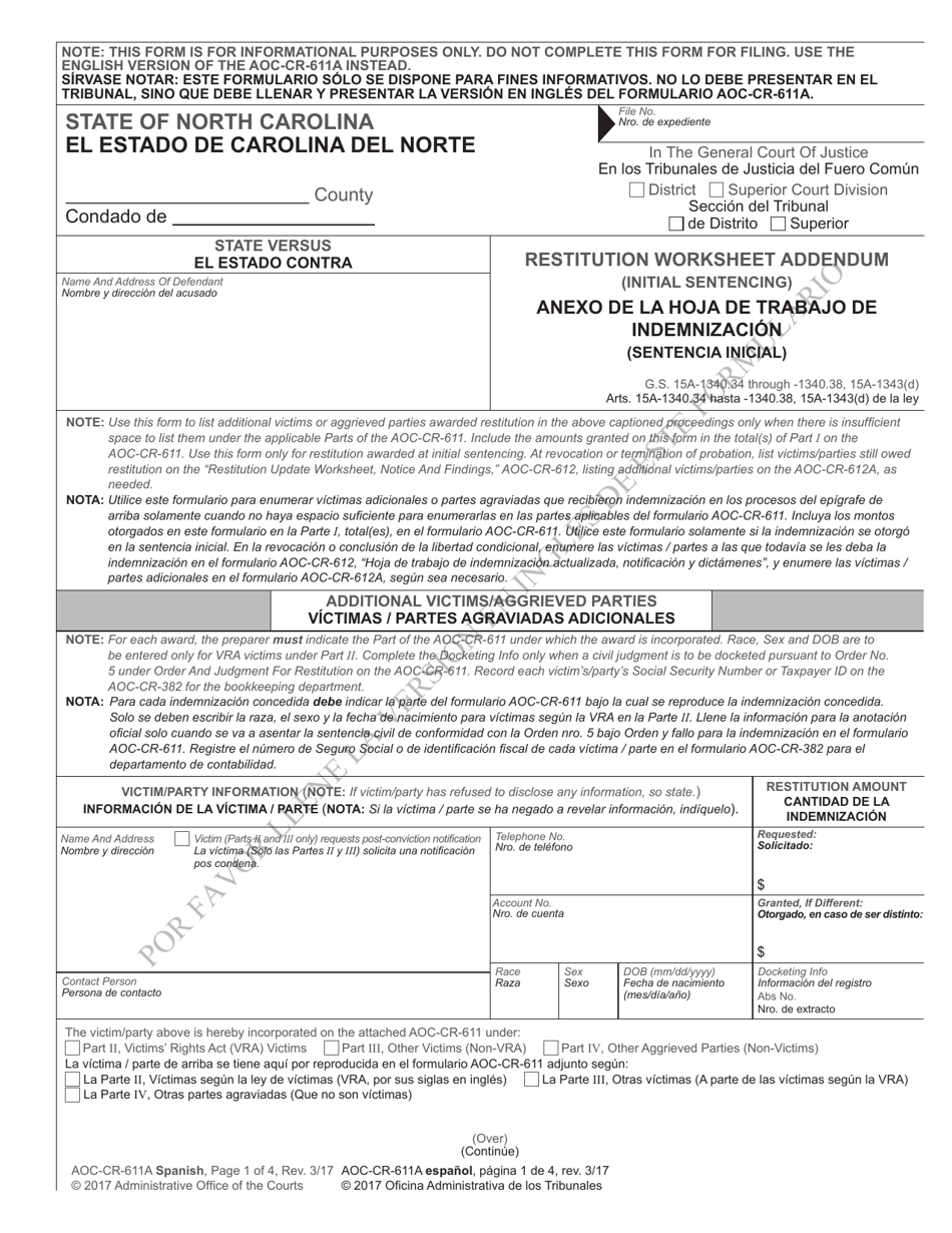Form AOC-CR-611A Restitution Worksheet Addendum (Initial Sentencing) - North Carolina (English / Spanish), Page 1