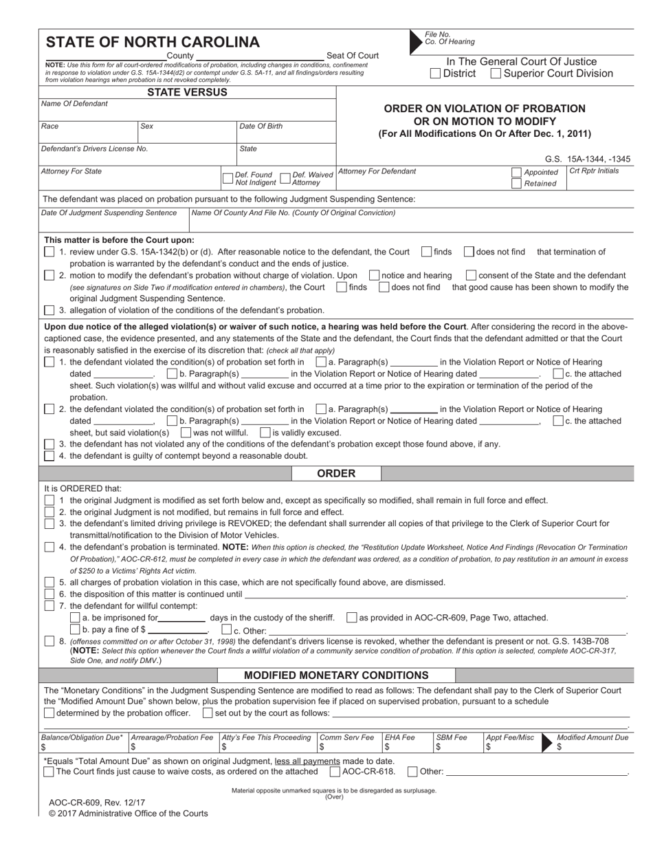 Form AOC-CR-609 Order on Violation of Probation or on Motion to Modify - North Carolina, Page 1