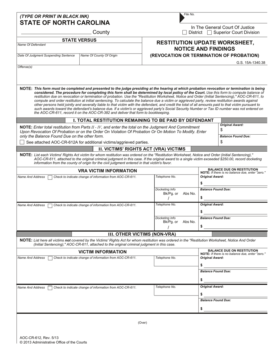 Form AOC-CR-612 Restitution Update Worksheet, Notice and Findings (Revocation or Termination of Probation) - North Carolina, Page 1