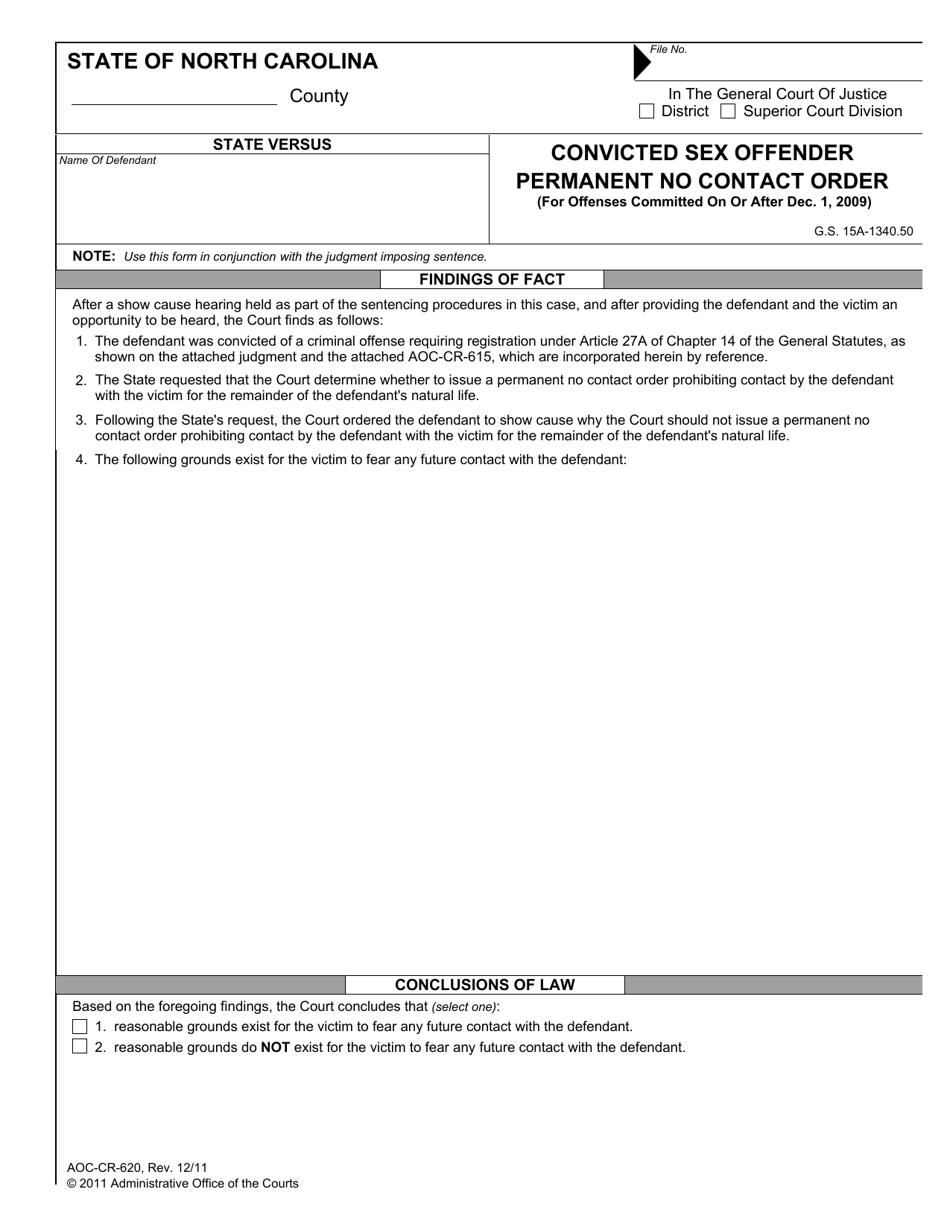 Form AOC-CR-620 Convicted Sex Offender Permanent No Contact Order - North Carolina, Page 1
