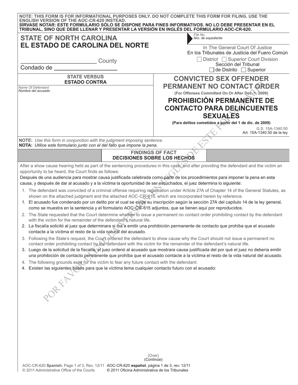 Form AOC-CR-620 Convicted Sex Offender Permanent No Contact Order - North Carolina (English / Spanish), Page 1