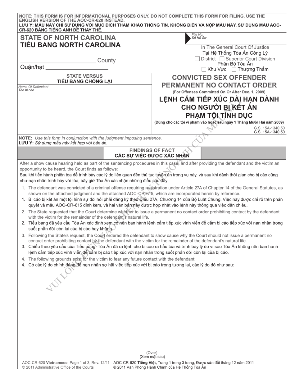 Form AOC-CR-620 Convicted Sex Offender Permanent No Contact Order - North Carolina (English / Vietnamese), Page 1
