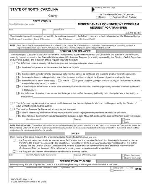 Form AOC-CR-623 Misdemeanant Confinement Program Request for Transfer - North Carolina