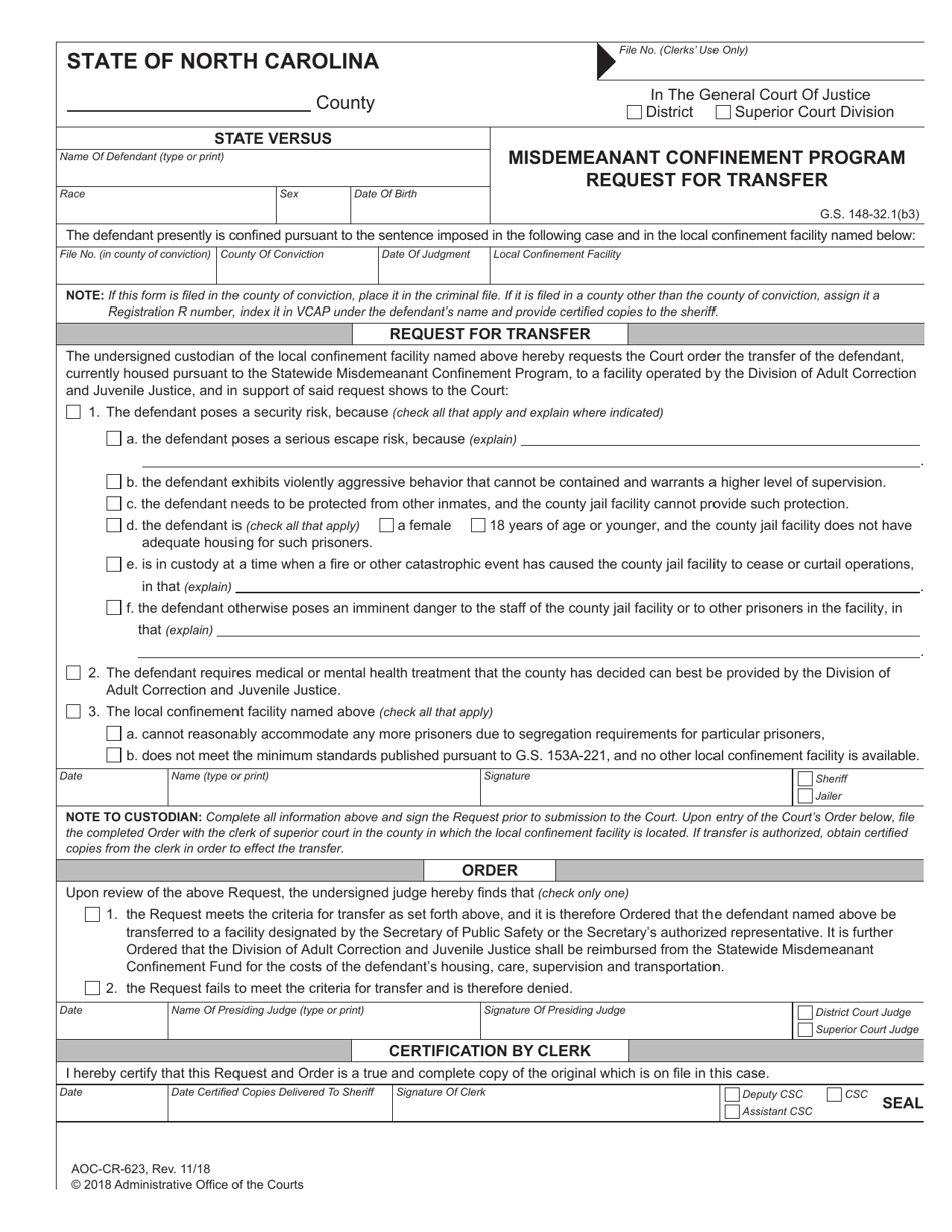 Form AOC-CR-623 Misdemeanant Confinement Program Request for Transfer - North Carolina, Page 1
