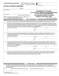 Document preview: Form AOC-CR-624 Assignment of Counsel by Office of Indigent Defense Services in the First-Degree Murder (Or Undesignated Degree of Murder) Cases at the Trial Level - North Carolina
