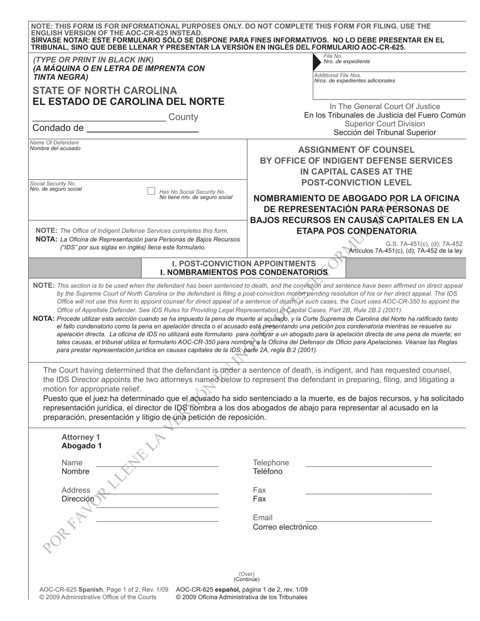 Form AOC-CR-625 Assignment of Counsel by Office of Indigent Defense Services in Capital Cases at the Post-conviction Level - North Carolina (English / Spanish), Page 1
