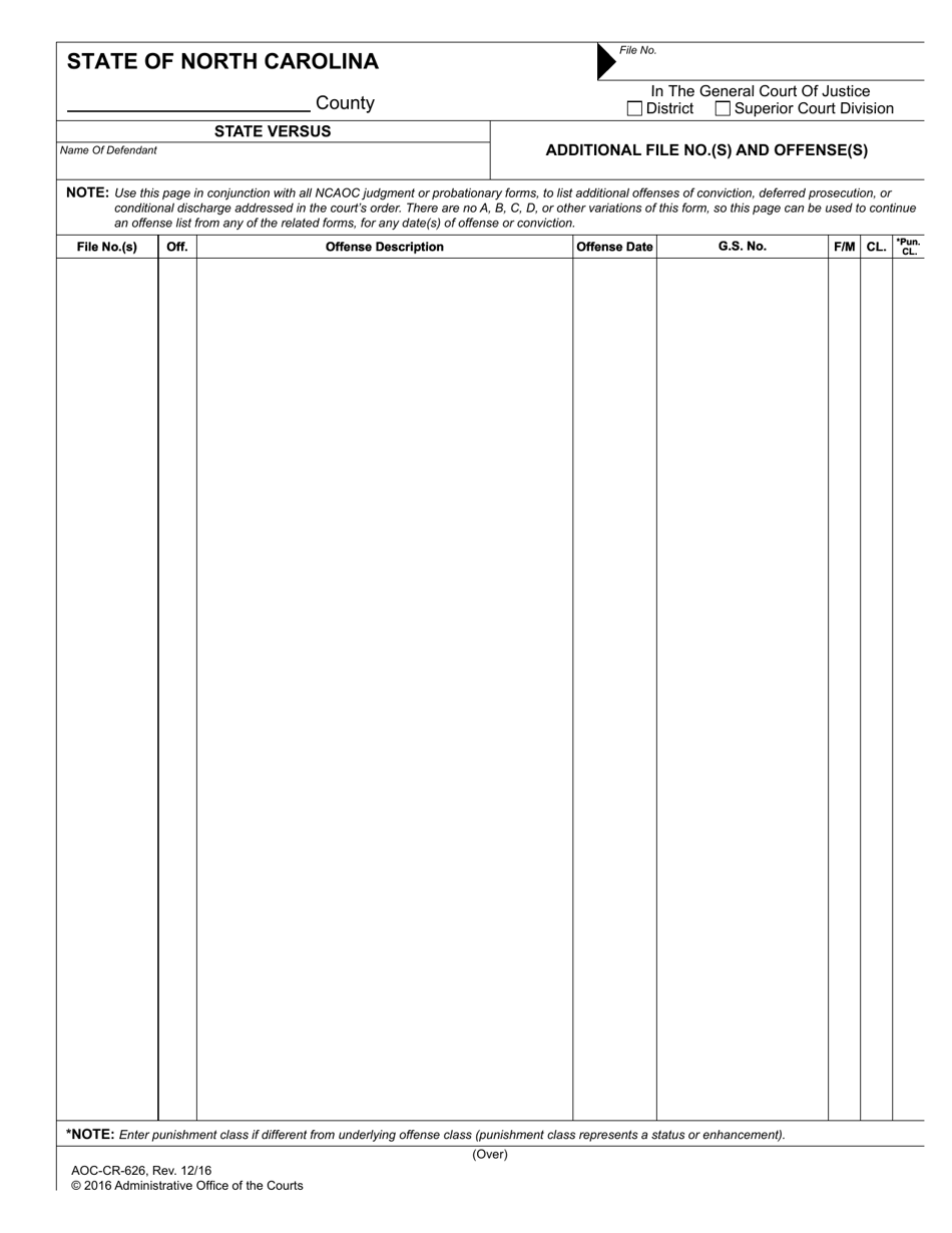 Form AOC-CR-626 Additional File No.(S) and Offense(S) - North Carolina, Page 1
