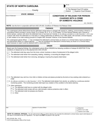 Document preview: Form AOC-CR-630 Conditions of Release for Person Charged With a Crime of Domestic Violence - North Carolina