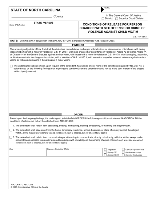 Form AOC-CR-631 Conditions of Release for Person Charged With Sex Offense or Crime of Violence Against Child Victim - North Carolina