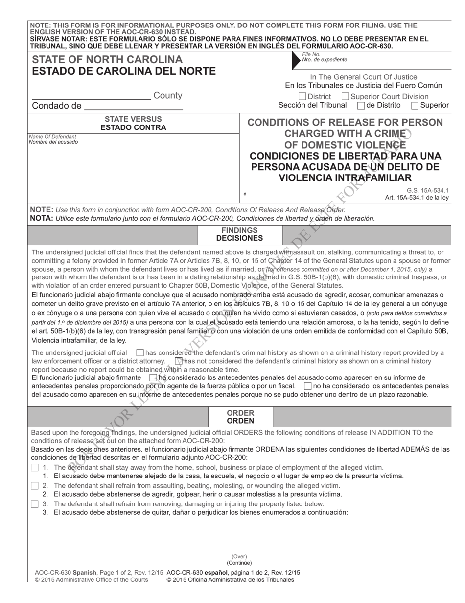 Form AOC-CR-630 Conditions of Release for Person Charged With a Crime of Domestic Violence - North Carolina (English / Spanish), Page 1