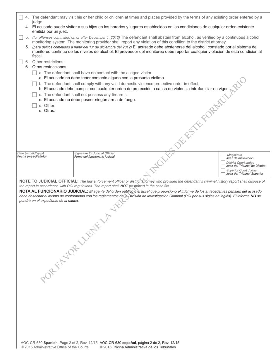 Form AOC-CR-630 Conditions of Release for Person Charged With a Crime of Domestic Violence - North Carolina (English / Spanish), Page 2