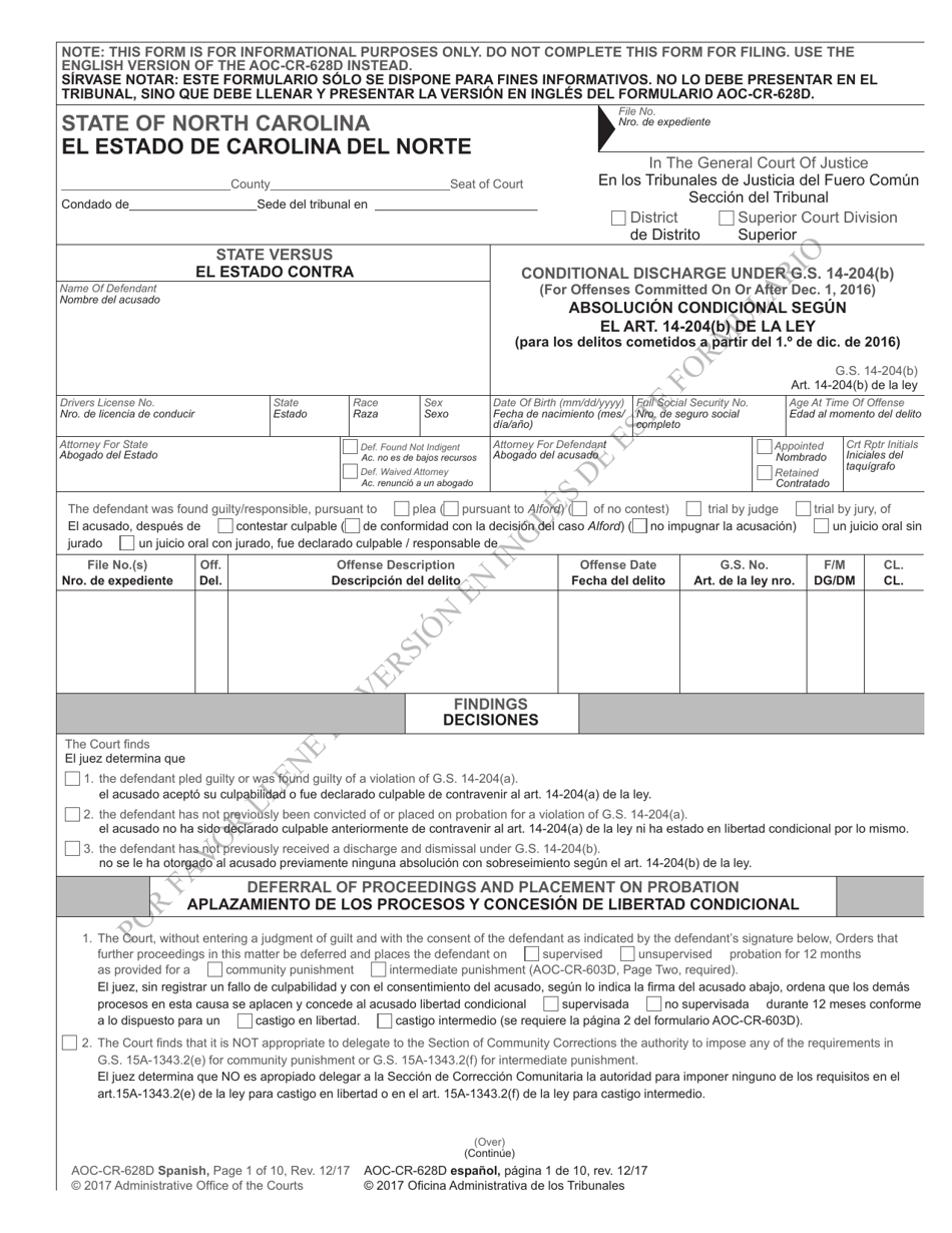 Form AOC-CR-628D Conditional Discharge Under G.s. 14-204(B) (For Offenses Committed on or After Dec. 1, 2016) - North Carolina (English/Spanish), Page 1