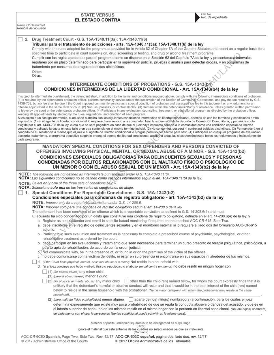 Form AOC-CR-628D Conditional Discharge Under G.s. 14-204(B) (For Offenses Committed on or After Dec. 1, 2016) - North Carolina (English / Spanish), Page 6