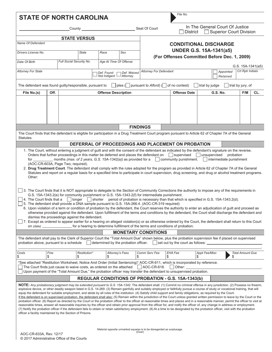 Form AOC-CR-633A Conditional Discharge Under G.s. 15a-1341(A5) - North Carolina, Page 1