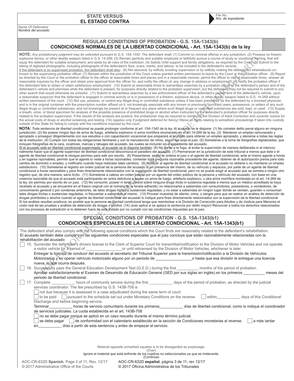 Form AOC-CR-632D Conditional Discharge Under G.s. 15a-1341(A4) (For Offenses Committed on or After Dec. 1, 2016) - North Carolina (English / Spanish), Page 3