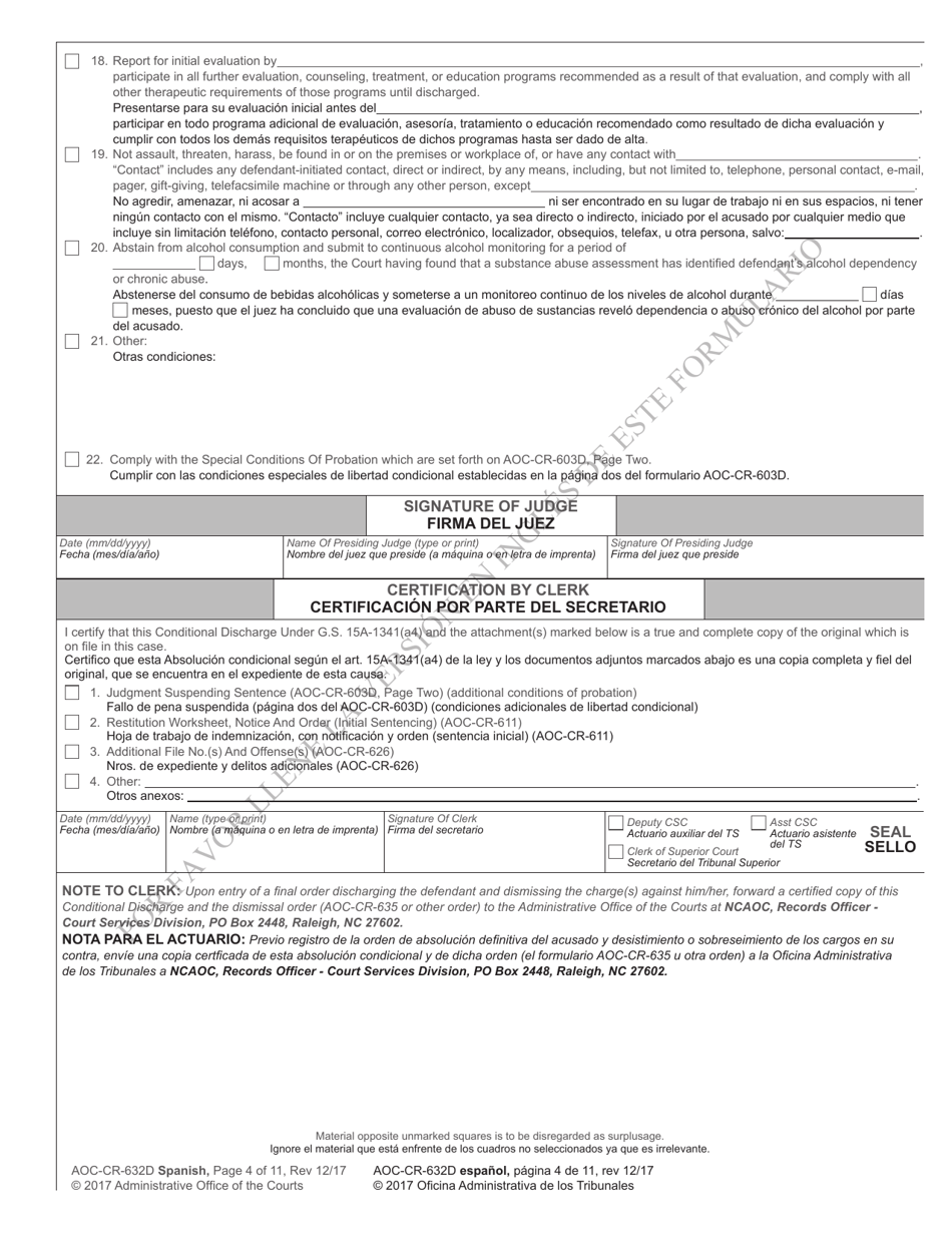 Form AOC-CR-632D Conditional Discharge Under G.s. 15a-1341(A4) (For Offenses Committed on or After Dec. 1, 2016) - North Carolina (English / Spanish), Page 4