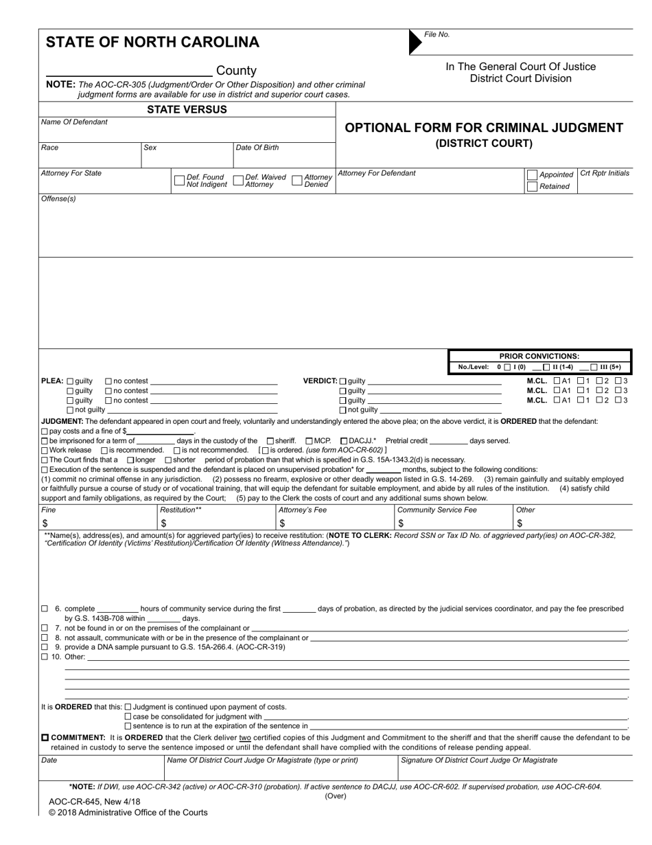 Form AOC-CR-645 Optional Form for Criminal Judgment (District Court) - North Carolina, Page 1