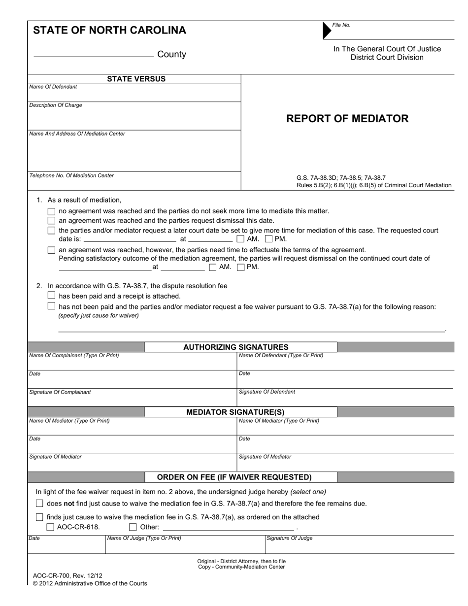 Form AOC-CR-700 Report of Mediator - North Carolina, Page 1