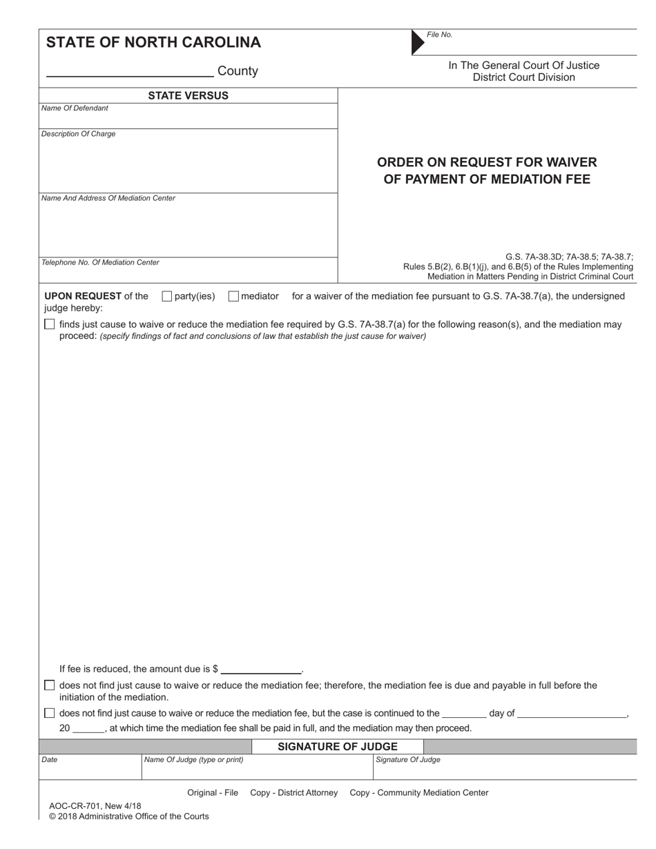 Form AOC-CR-701 Order on Request for Waiver of Payment of Mediation Fee - North Carolina, Page 1