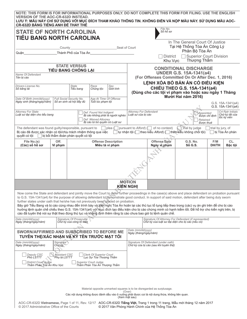 Form AOC-CR-632D Conditional Discharge Under G.s. 15a-1341(A4) (For Offenses Committed on or After Dec. 1, 2016) - North Carolina (English/Vietnamese), Page 1