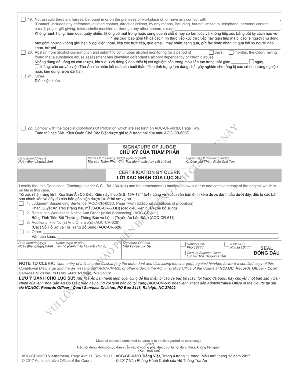 Form AOC-CR-632D Conditional Discharge Under G.s. 15a-1341(A4) (For Offenses Committed on or After Dec. 1, 2016) - North Carolina (English / Vietnamese), Page 4
