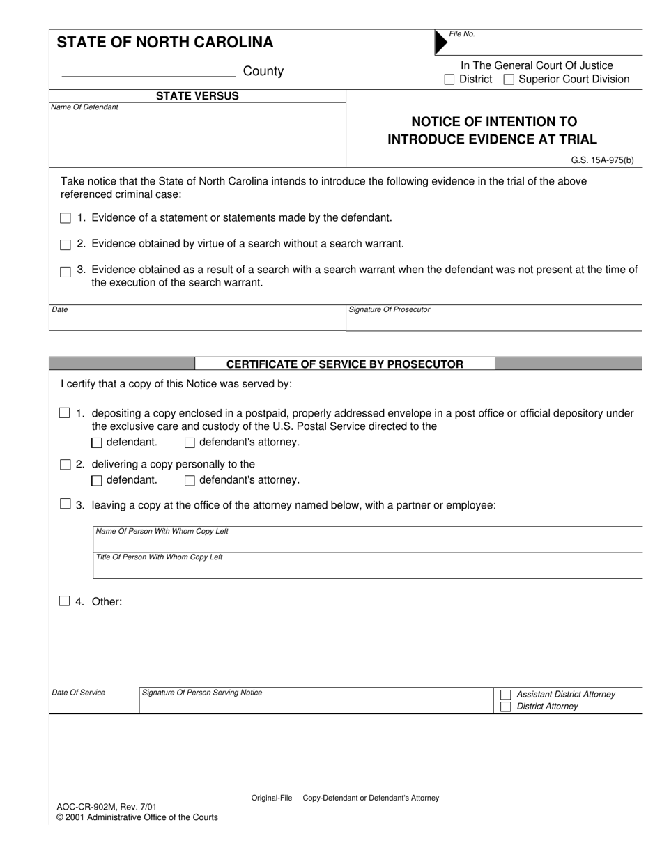 Form AOC-CR-902M Notice of Intention to Introduce Evidence at Trial - North Carolina, Page 1