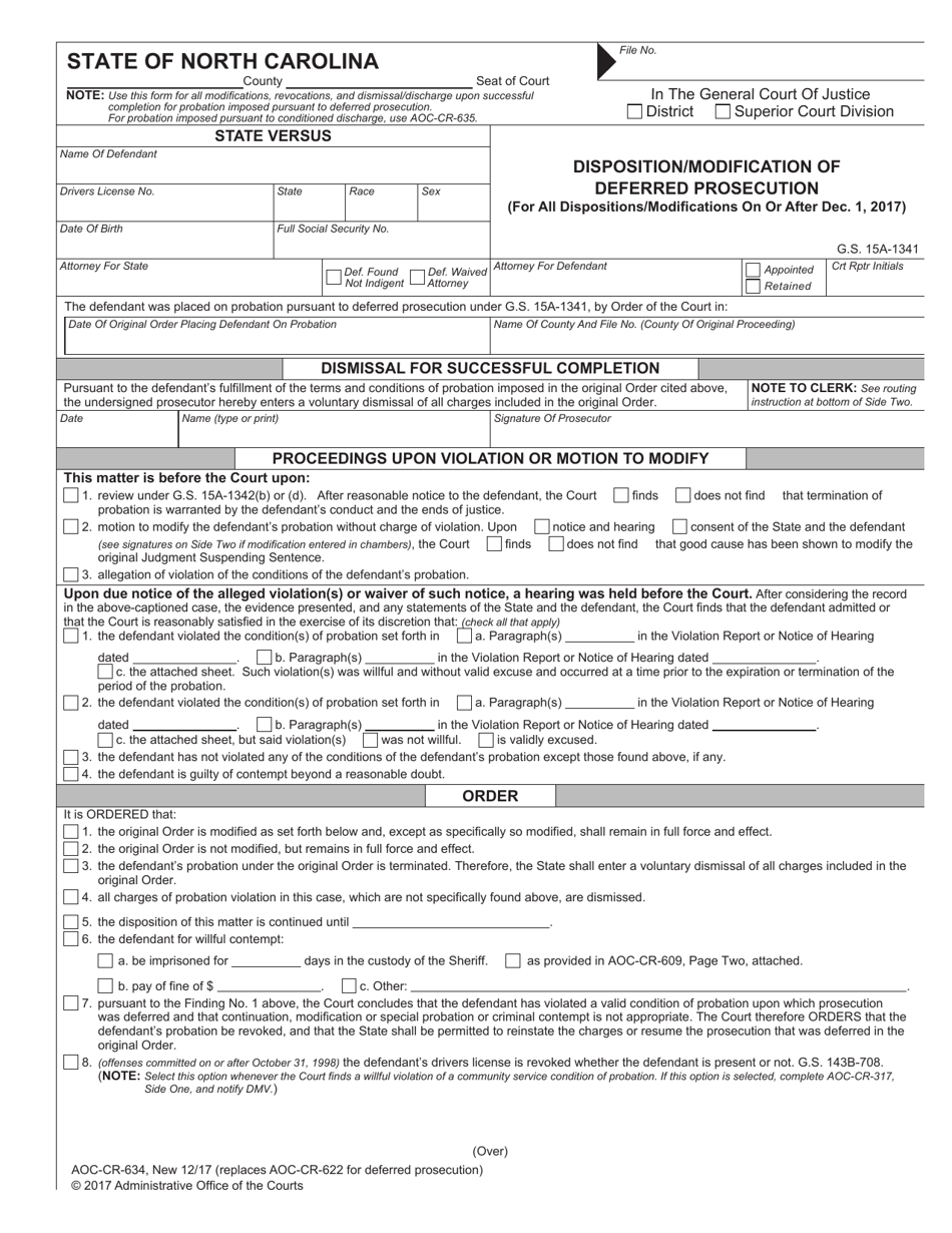 Form AOC-CR-634 Disposition / Modification of Deferred Prosecution - North Carolina, Page 1