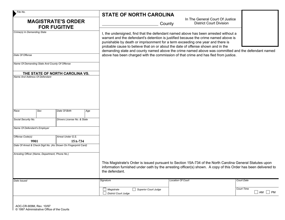 Form AOC-CR-909M Magistrates Order for Fugitive - North Carolina, Page 1