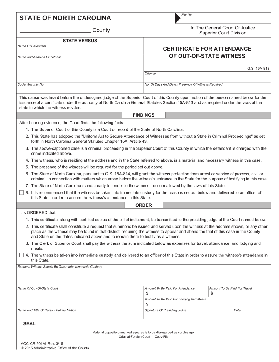 Form AOC-CR-901M Certificate for Attendance of Out-of-State Witness - North Carolina, Page 1