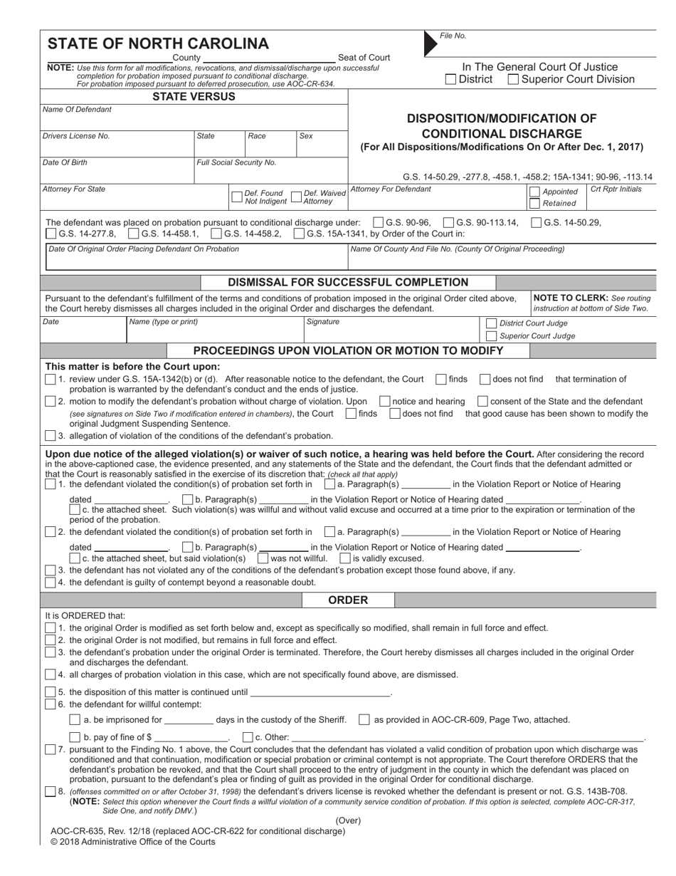 Form AOC-CR-635 Disposition / Modification of Conditional Discharge - North Carolina, Page 1