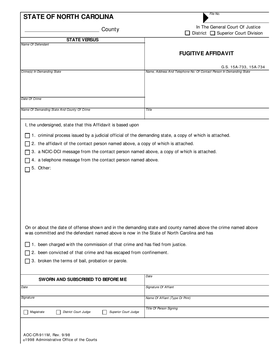 Form AOC-CR-911M Fugitive Affidavit - North Carolina, Page 1