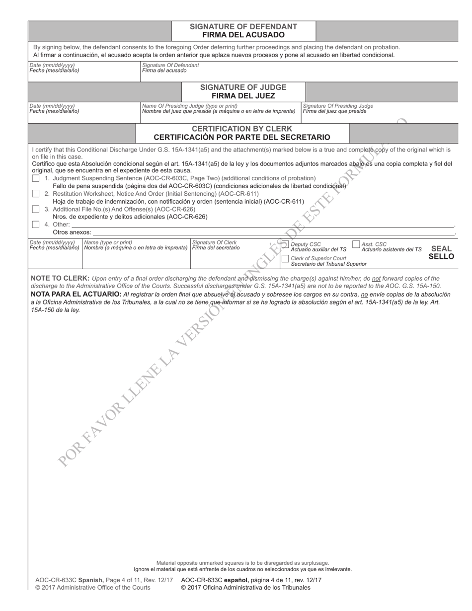 Form AOC-CR-633C Conditional Discharge Under G.s. 15a-1341(A5) (For Offenses Committed Dec. 1, 2011 - Nov. 30, 2016) - North Carolina (English / Spanish), Page 4