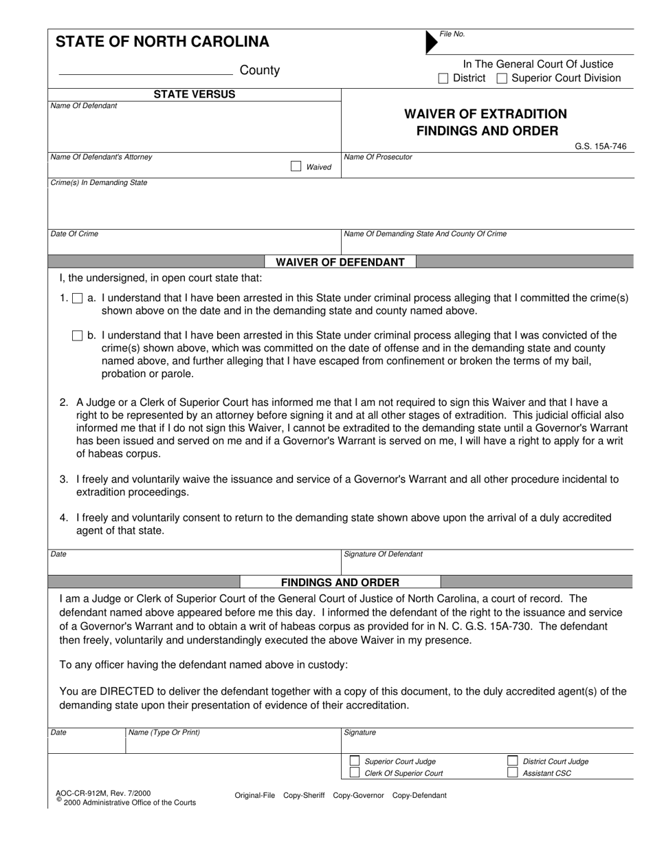 Form AOC-CR-912M Waiver of Extradition Findings and Order - North Carolina, Page 1