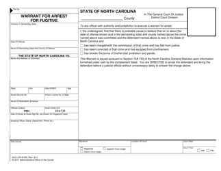 Document preview: Form AOC-CR-910M Warrant for Arrest for Fugitive - North Carolina