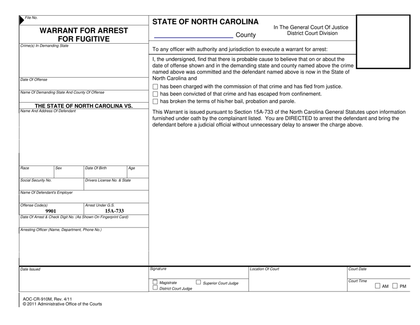 Form AOC-CR-910M Warrant for Arrest for Fugitive - North Carolina