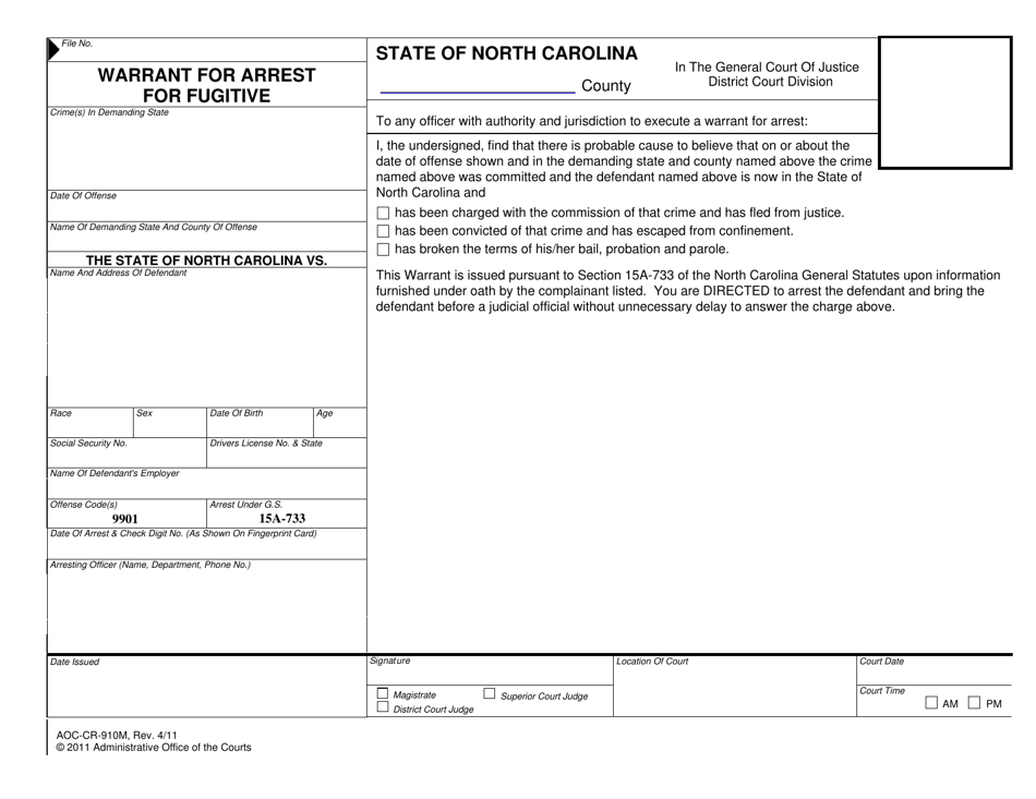Form AOC-CR-910M Warrant for Arrest for Fugitive - North Carolina, Page 1