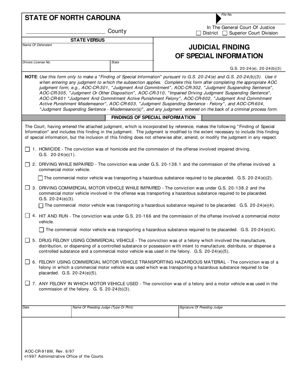 Form AOC-CR-918M Judicial Finding of Special Information - North Carolina, Page 1