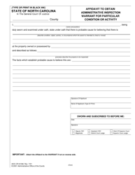 Document preview: Form AOC-CR-913M Affidavit to Obtain Administrative Inspection Warrant for Particular Condition or Activity - North Carolina