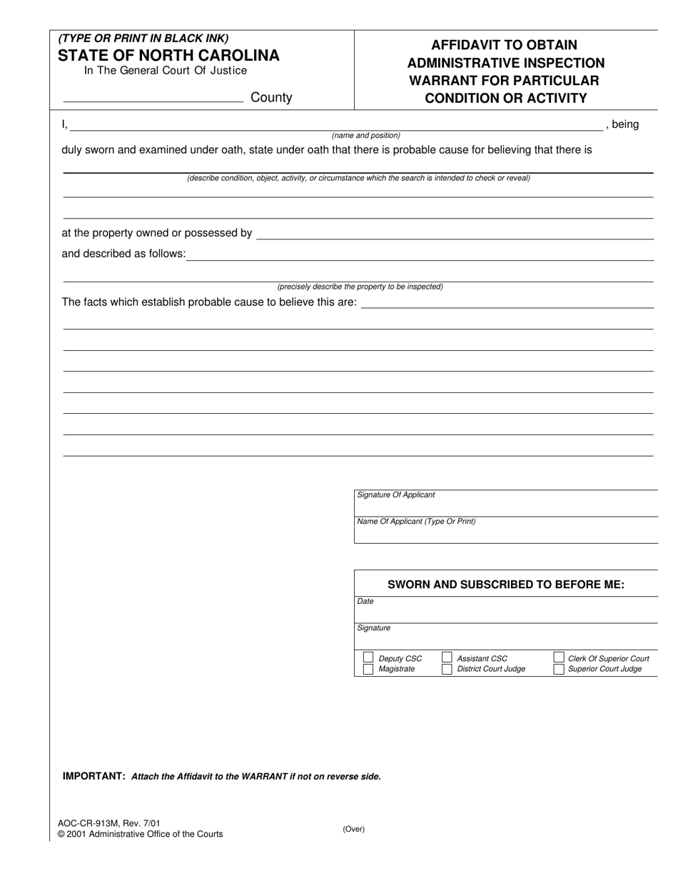 Form AOC-CR-913M Affidavit to Obtain Administrative Inspection Warrant for Particular Condition or Activity - North Carolina, Page 1