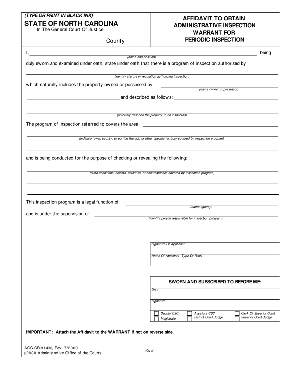 Form AOC-CR-914M Affidavit to Obtain Administrative Inspection Warrant for Periodic Inspection - North Carolina, Page 1