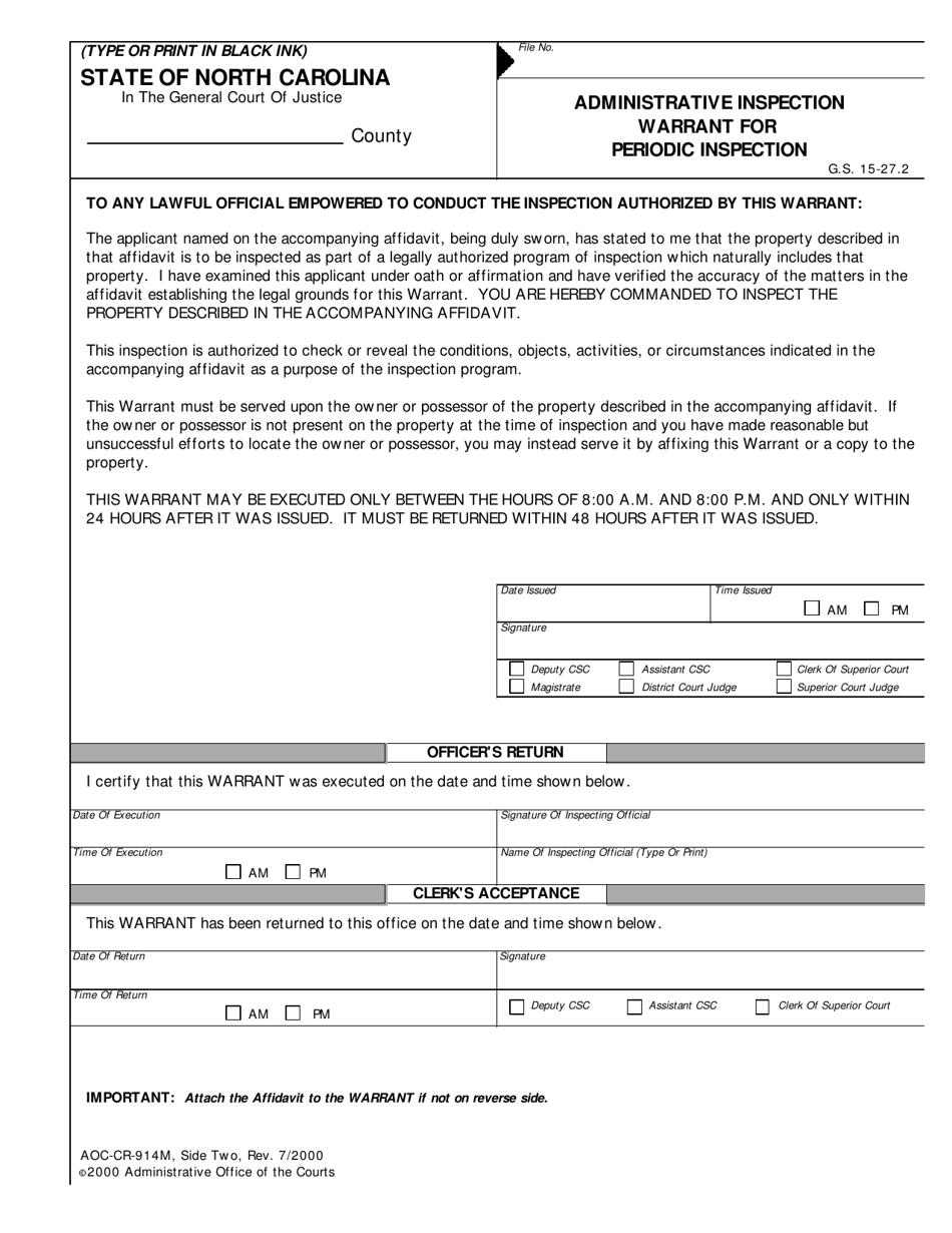 Form AOC-CR-914M Affidavit to Obtain Administrative Inspection Warrant for Periodic Inspection - North Carolina, Page 2