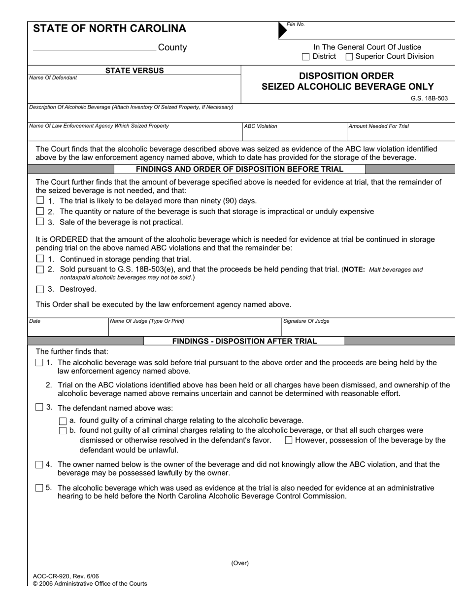 Form AOC-CR-920 Disposition Order - Seized Alcoholic Beverage Only - North Carolina, Page 1