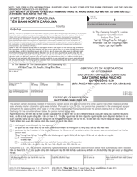 Document preview: Form AOC-CR-919 Certificate of Restoration of Citizenship (Out-of-State or Federal Conviction) - North Carolina (English/Vietnamese)