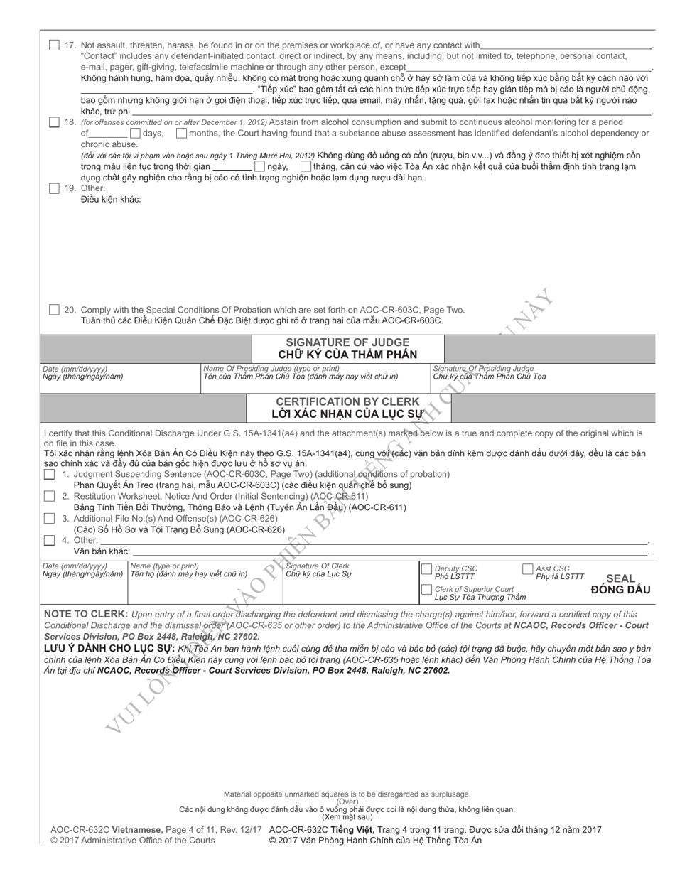 Form AOC-CR-632C Conditional Discharge Under G.s. 15a-1341(A4) (For Offenses Committed Dec. 1, 2011 - Nov. 30, 2016) - North Carolina (English / Vietnamese), Page 4