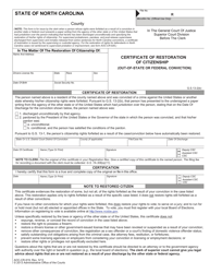 Document preview: Form AOC-CR-919 Certificate of Restoration of Citizenship (Out-of-State or Federal Conviction) - North Carolina