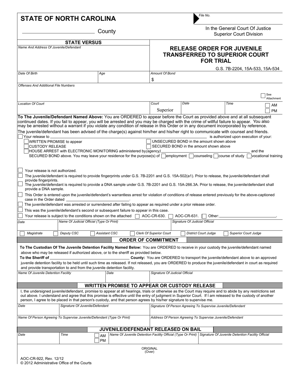 Form AOC-CR-922 Release Order for Juvenile Transferred to Superior Court for Trial - North Carolina, Page 1