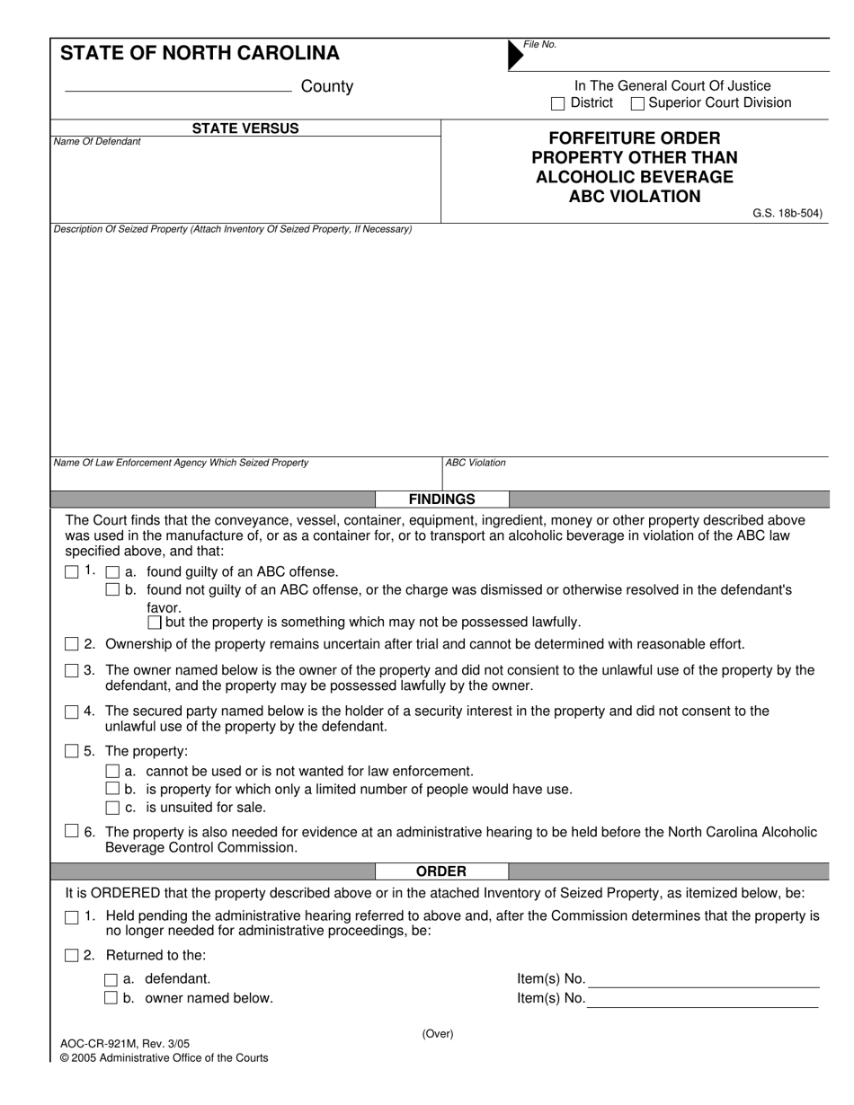 Form AOC-CR-921M Forfeiture Order Property Other Than Alcoholic Beverage Abc Violation - North Carolina, Page 1