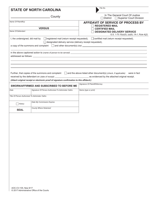 Form AOC-CV-105 Affidavit of Service of Process by Registered Mail/Certified Mail/Designated Delivery Service - North Carolina